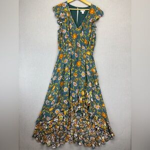 Sundance Dress Green Floral Tiered Layered Ruffles Tassel Sz PM Boho Cottagecore